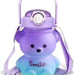 Teddy Bear Water Bottle For Kids Push With Straw Sipper Bottle 